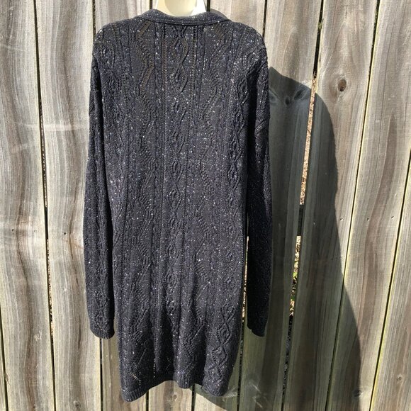 Free People Metallic Cable Knit Cardigan Sweater M Medium Blue Navy Button Front - Picture 7 of 10
